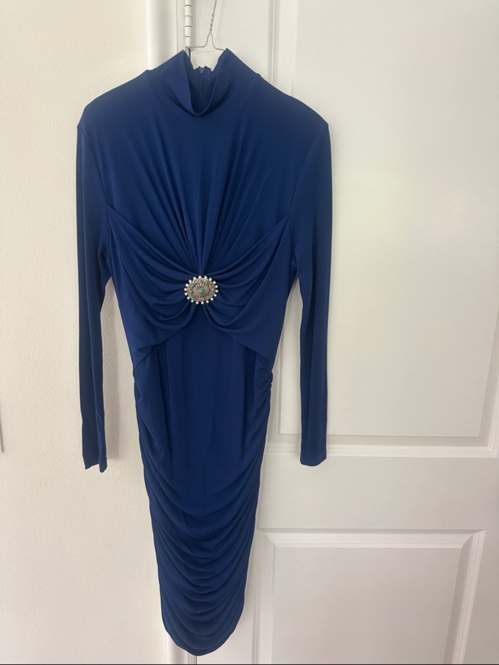 Roberto Cavalli Navy Long-Sleeve Ruched Midi Dress with Center Brooch